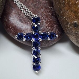 14Kt White Gold Cross With 3.55 CT Sapphire. 16 inch Brand New With Tag